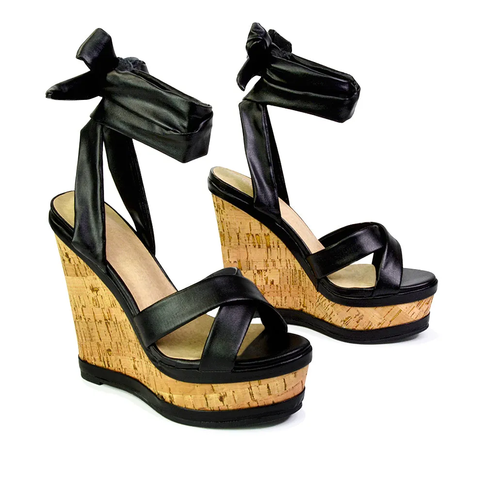 Kammie Lace Up Strappy Cork Wedge Heel Sandals Platform Shoes in Gold