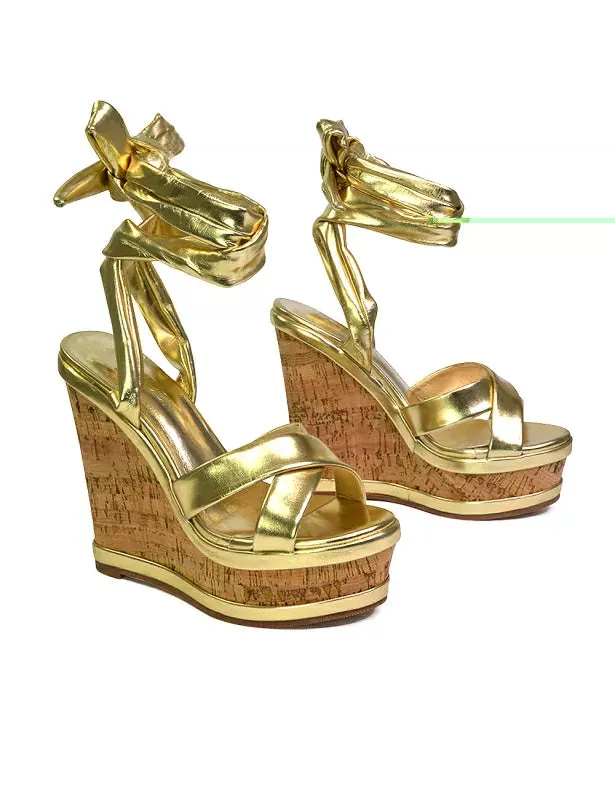 Kammie Lace Up Strappy Cork Wedge Heel Sandals Platform Shoes in Gold