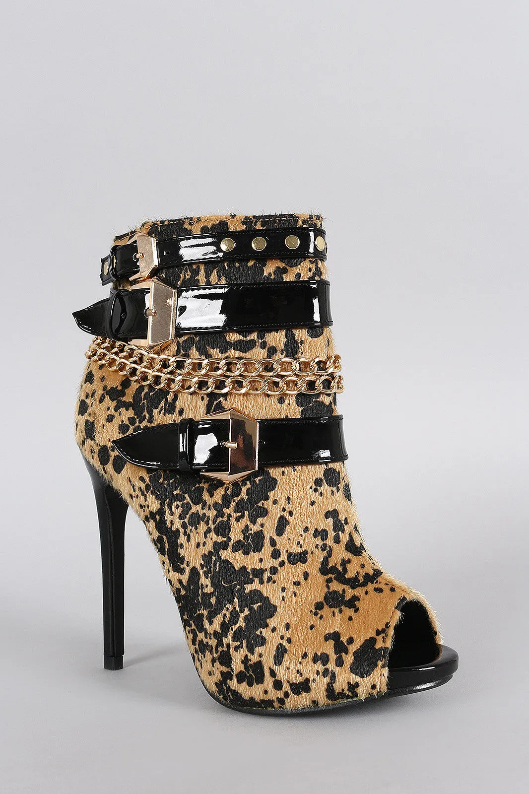 Leopard Calf Hair Studded Buckled Peep Toe Stiletto Booties