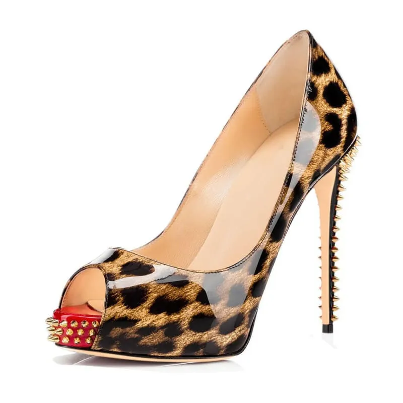 Leopard Print Women’s Peep Toe Studded High Heels