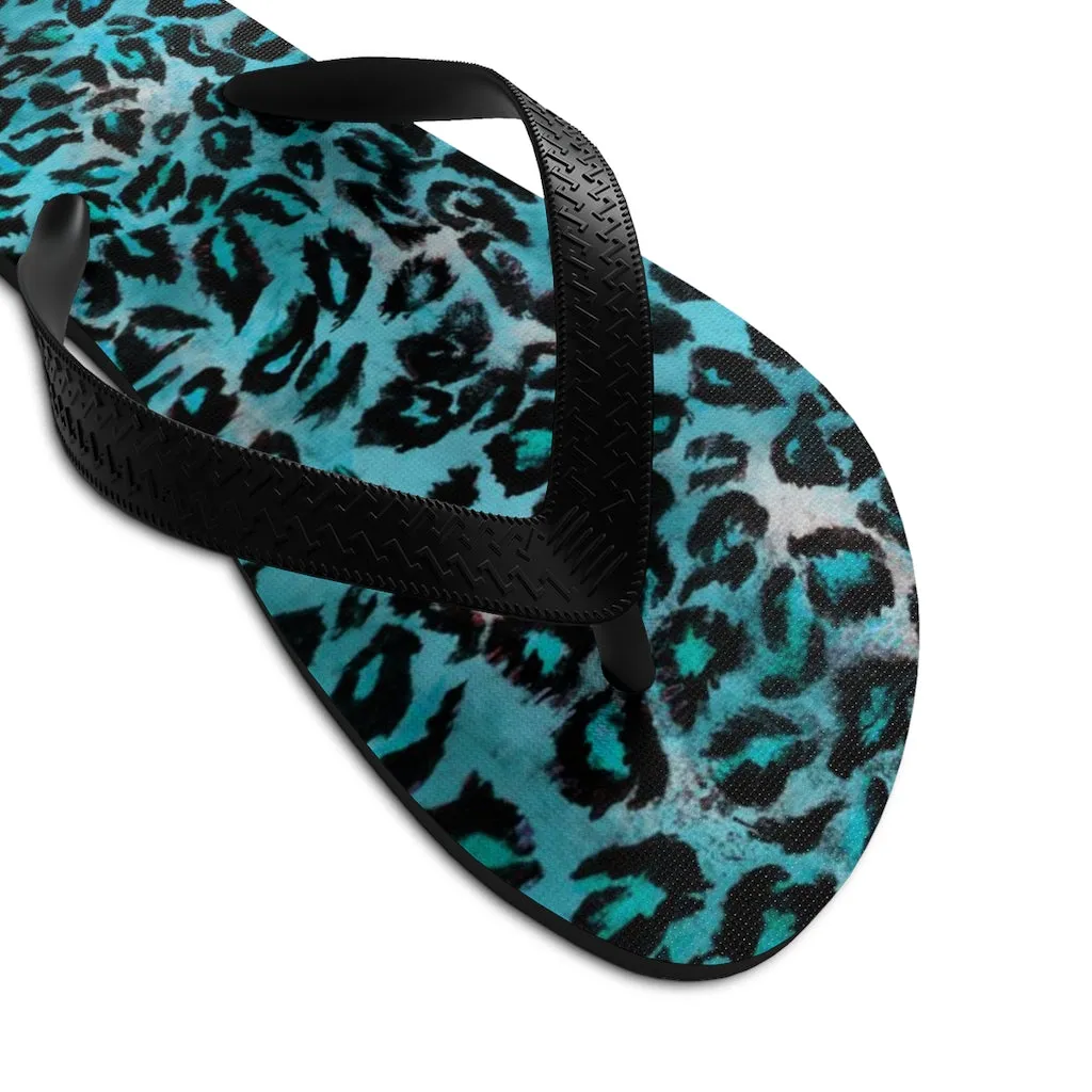 Light Blue Leopard Flip Flops, Animal Print Unisex Flip-Flops Beach Pool Sandals- Made in USA