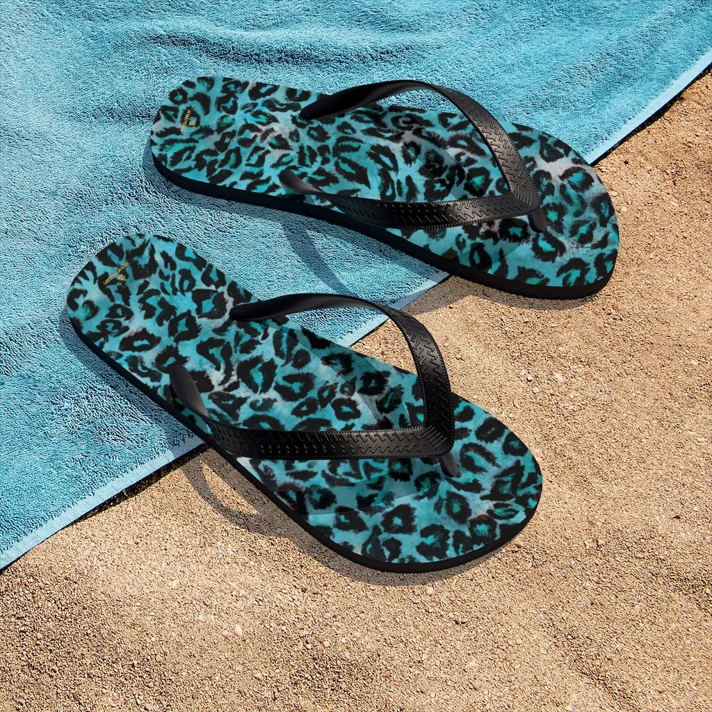 Light Blue Leopard Flip Flops, Animal Print Unisex Flip-Flops Beach Pool Sandals- Made in USA