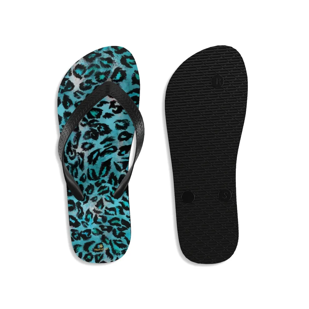 Light Blue Leopard Flip Flops, Animal Print Unisex Flip-Flops Beach Pool Sandals- Made in USA