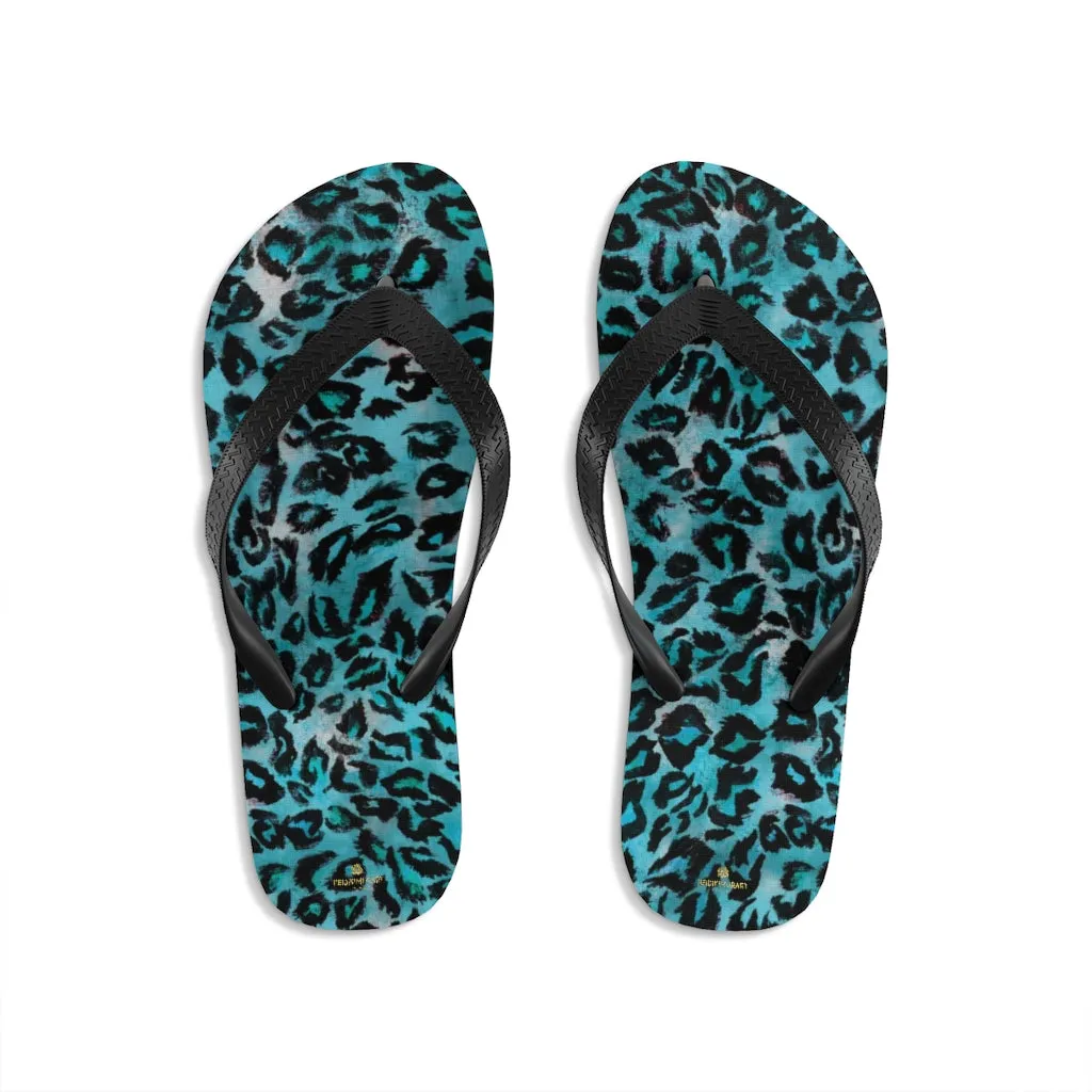 Light Blue Leopard Flip Flops, Animal Print Unisex Flip-Flops Beach Pool Sandals- Made in USA