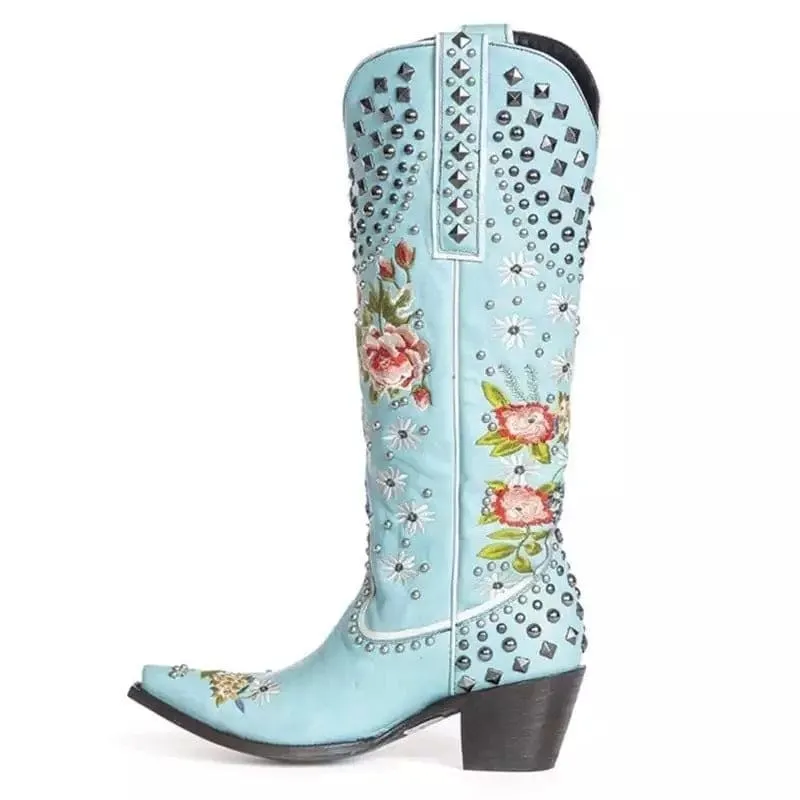 Light Blue Pointed Toe Women’s Ethnic Style Embroidered Studded Boots