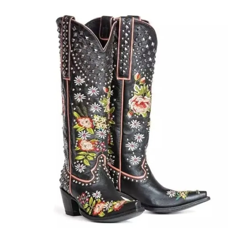 Light Blue Pointed Toe Women’s Ethnic Style Embroidered Studded Boots