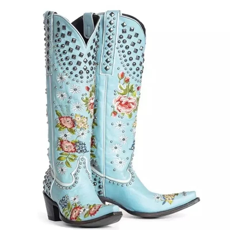 Light Blue Pointed Toe Women’s Ethnic Style Embroidered Studded Boots