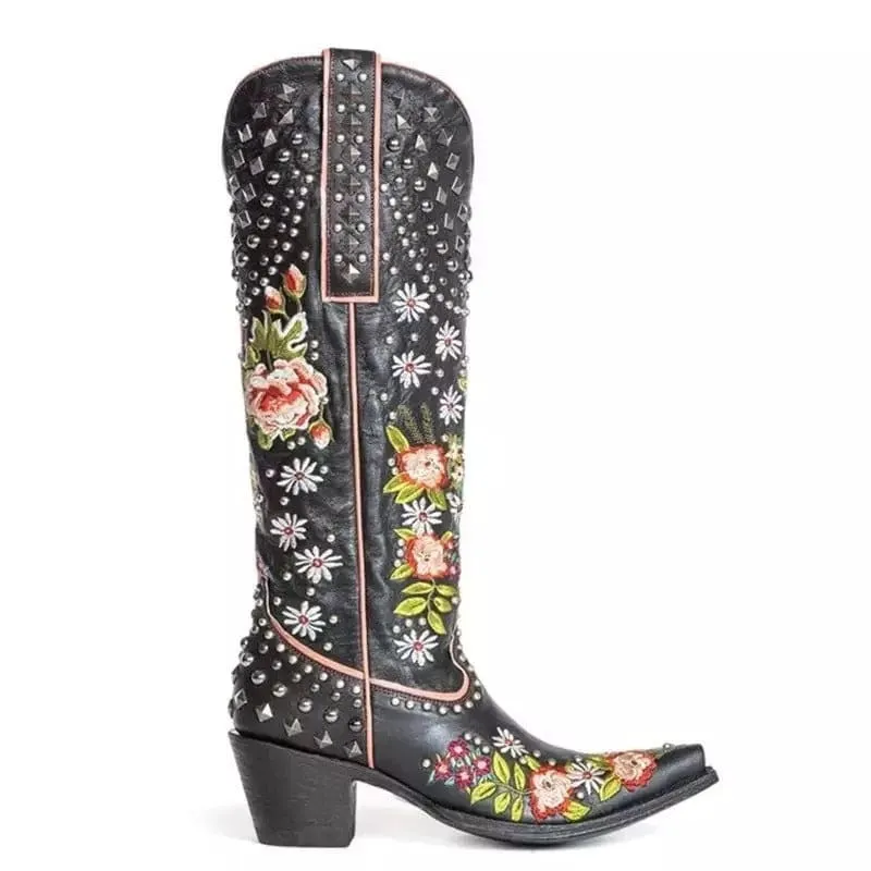 Light Blue Pointed Toe Women’s Ethnic Style Embroidered Studded Boots