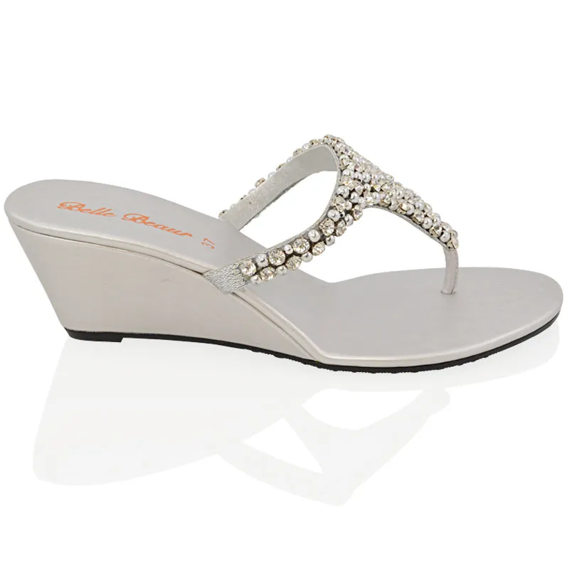 Logan Diamante Embellished Sparkly Statement Strappy Toe Post Thong Wedge Sandal High Heels in Silver