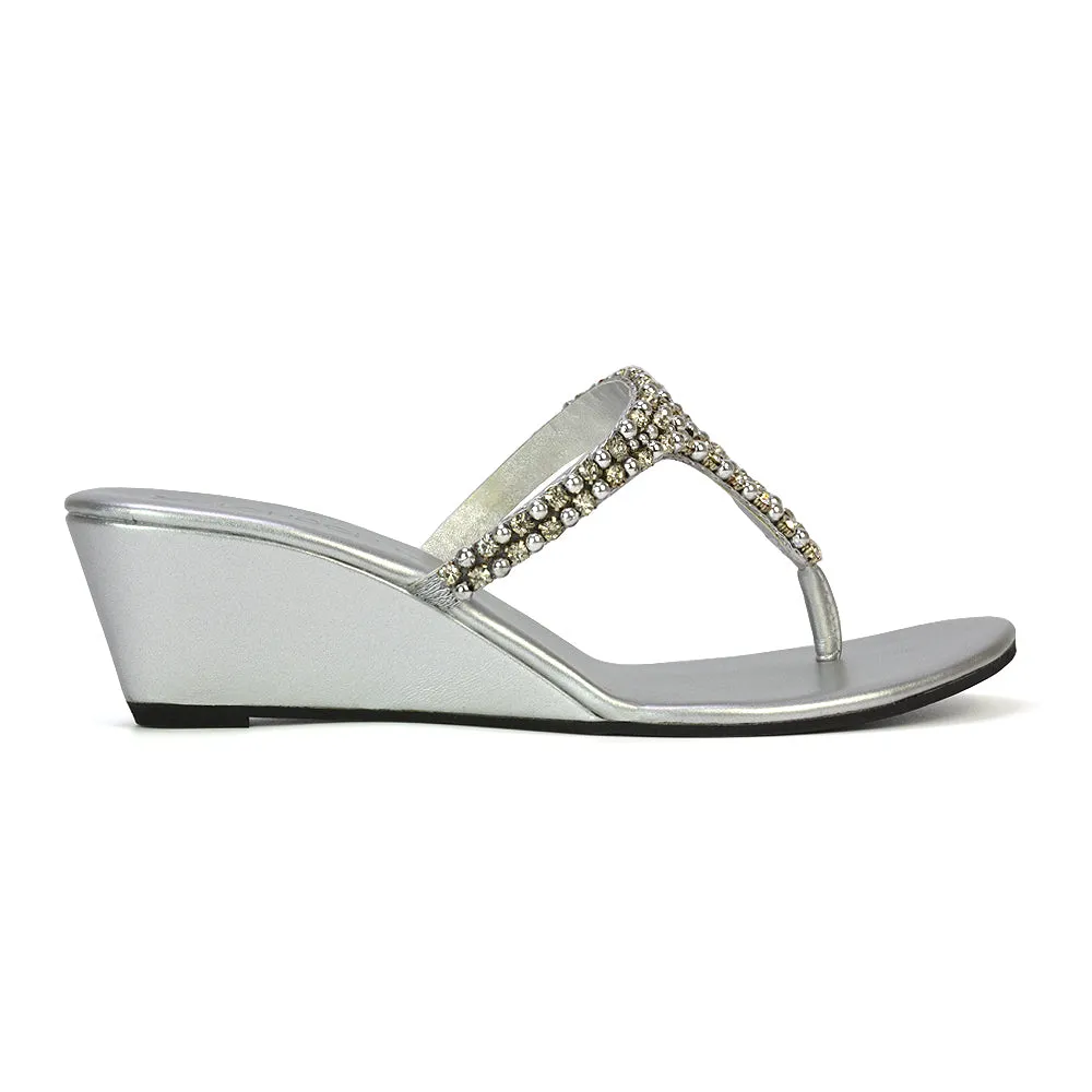 Logan Diamante Embellished Sparkly Statement Strappy Toe Post Thong Wedge Sandal High Heels in Silver