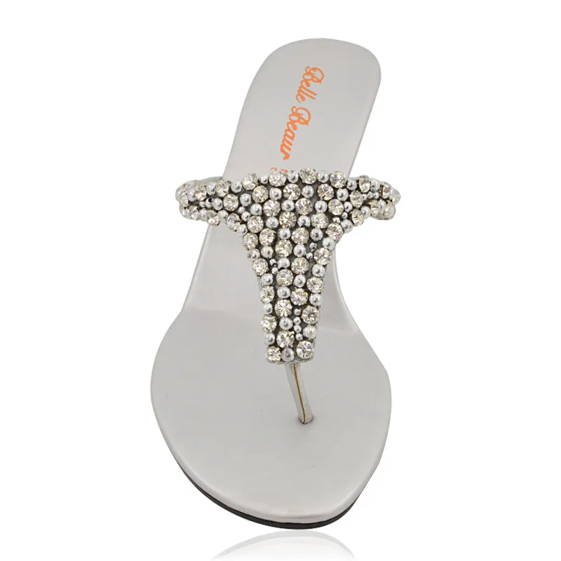 Logan Diamante Embellished Sparkly Statement Strappy Toe Post Thong Wedge Sandal High Heels in Silver