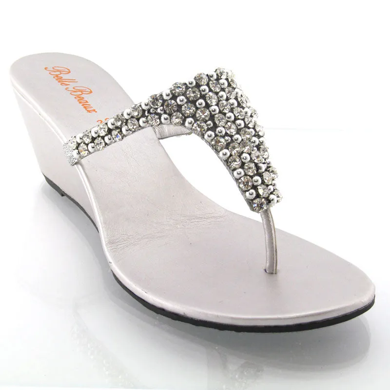 Logan Diamante Embellished Sparkly Statement Strappy Toe Post Thong Wedge Sandal High Heels in Silver