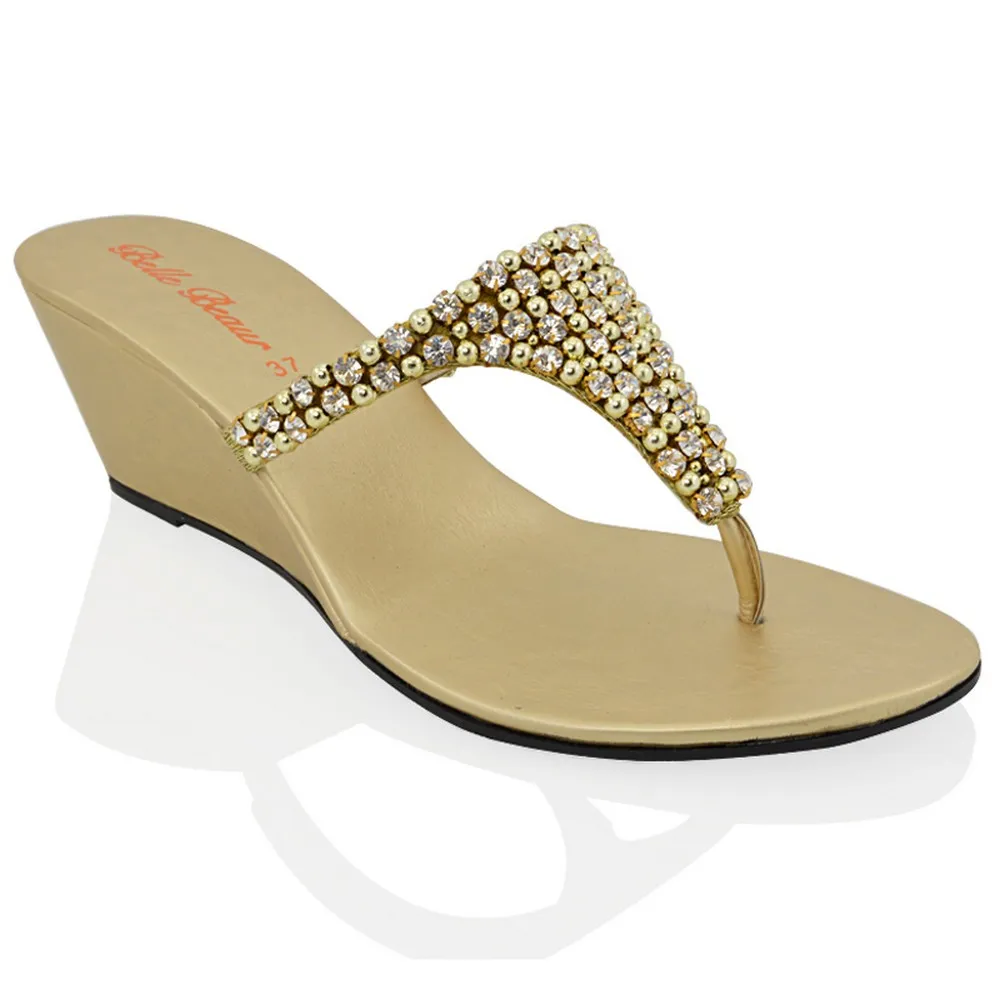 Logan Diamante Embellished Sparkly Statement Strappy Toe Post Thong Wedge Sandal High Heels in Silver