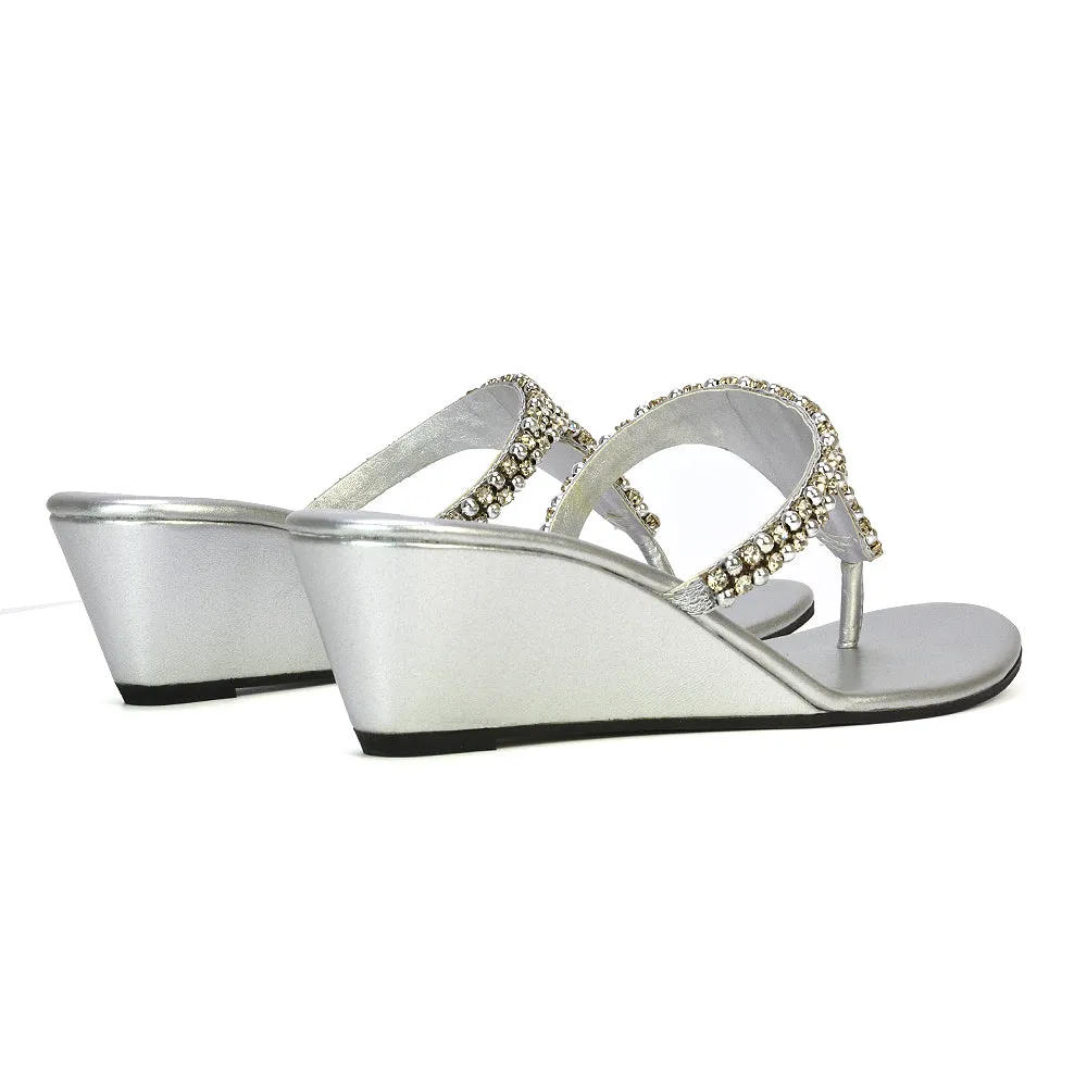 Logan Diamante Embellished Sparkly Statement Strappy Toe Post Thong Wedge Sandal High Heels in Silver