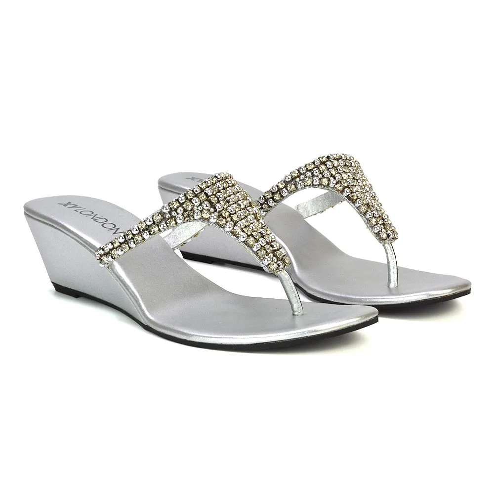 Logan Diamante Embellished Sparkly Statement Strappy Toe Post Thong Wedge Sandal High Heels in Silver