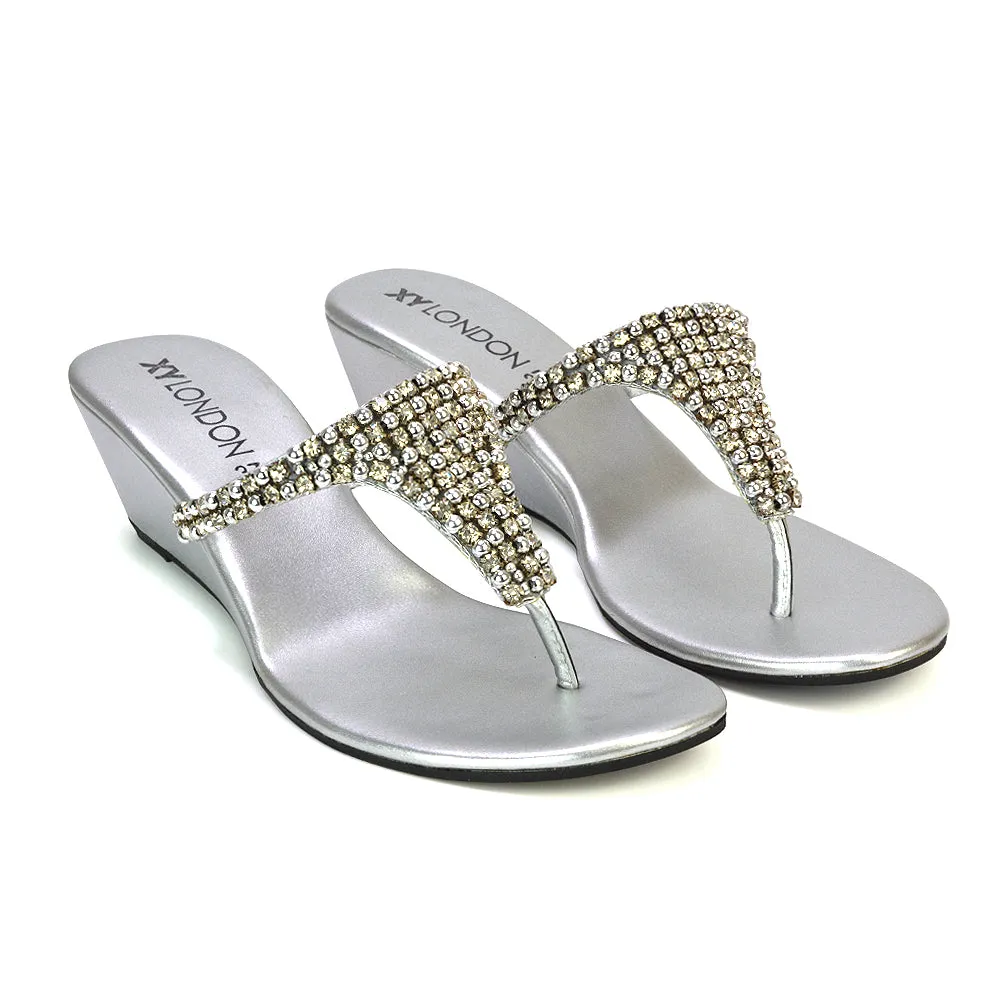 Logan Diamante Embellished Sparkly Statement Strappy Toe Post Thong Wedge Sandal High Heels in Silver