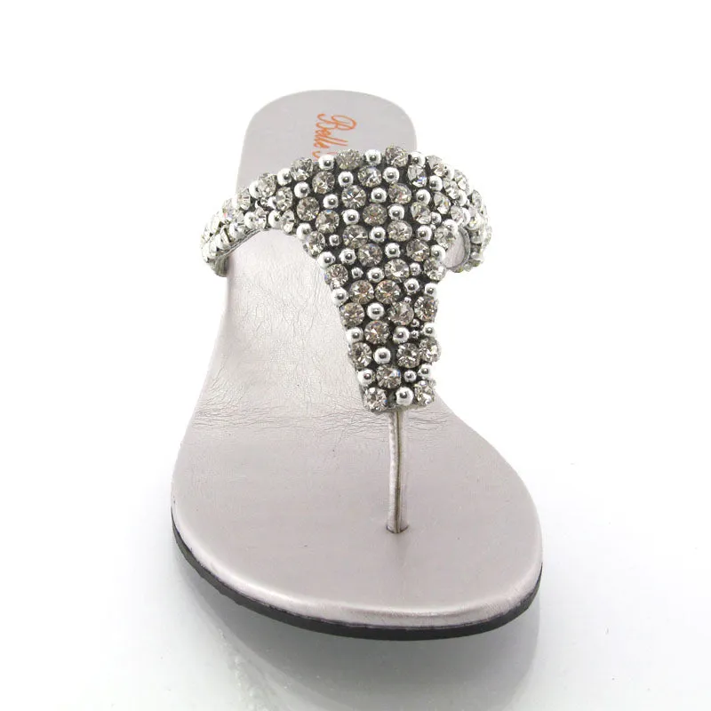 Logan Diamante Embellished Sparkly Statement Strappy Toe Post Thong Wedge Sandal High Heels in Silver