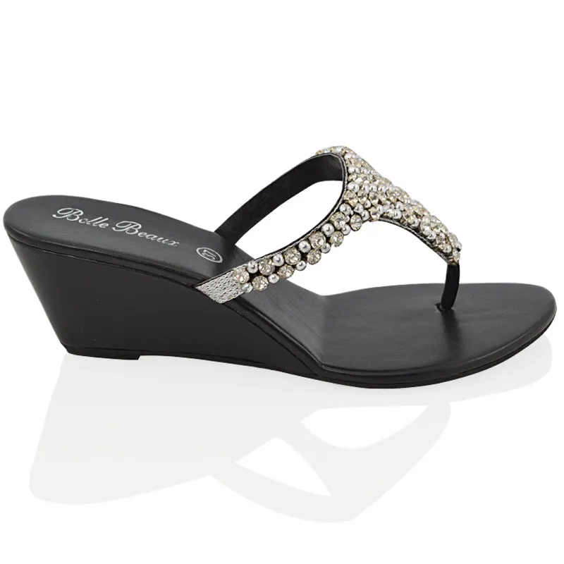 Logan Diamante Embellished Sparkly Statement Strappy Toe Post Thong Wedge Sandal High Heels in Silver