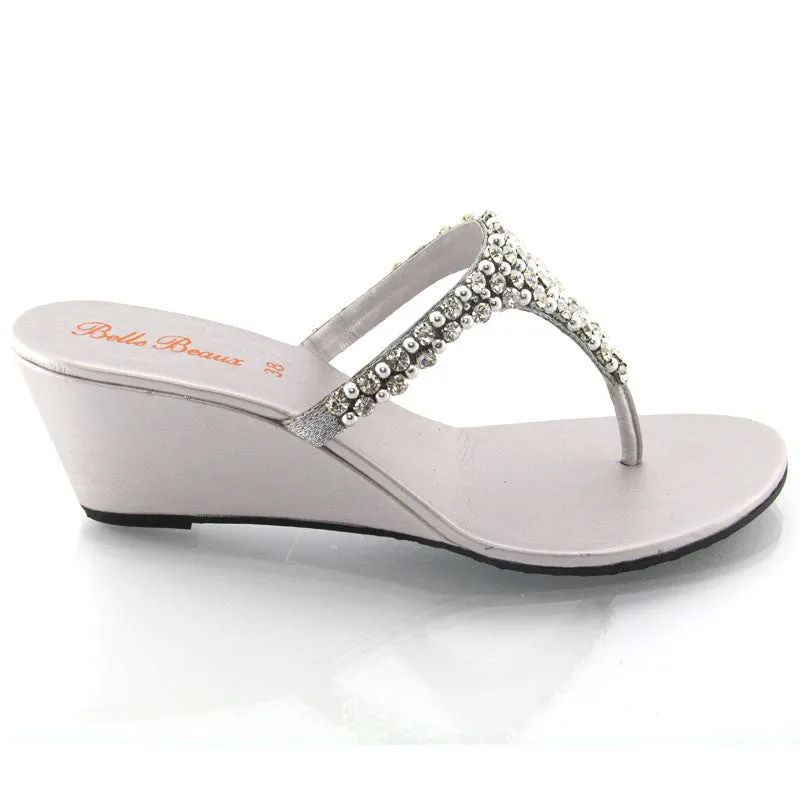 Logan Diamante Embellished Sparkly Statement Strappy Toe Post Thong Wedge Sandal High Heels in Silver