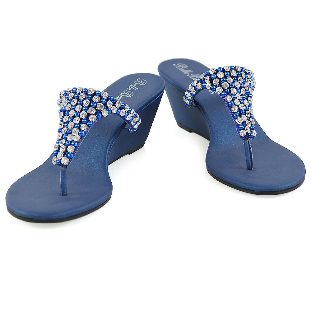 Logan Diamante Embellished Sparkly Statement Strappy Toe Post Thong Wedge Sandal High Heels in Silver