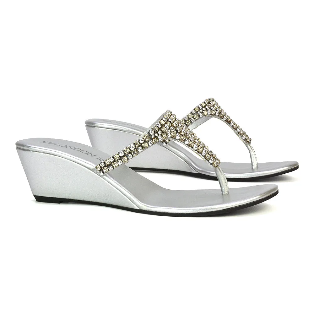 Logan Diamante Embellished Sparkly Statement Strappy Toe Post Thong Wedge Sandal High Heels in Silver