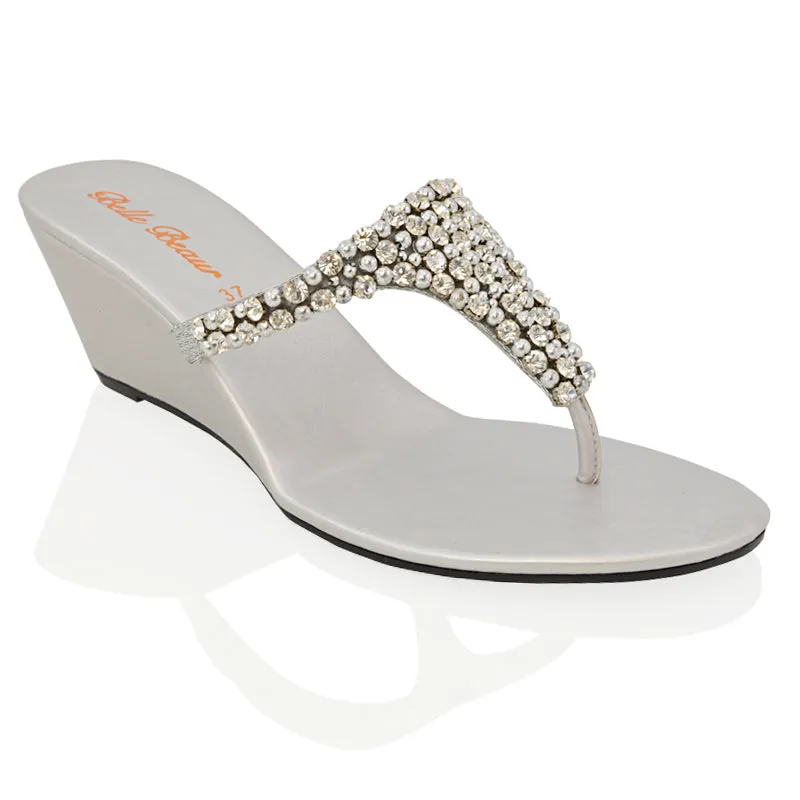 Logan Diamante Embellished Sparkly Statement Strappy Toe Post Thong Wedge Sandal High Heels in Silver