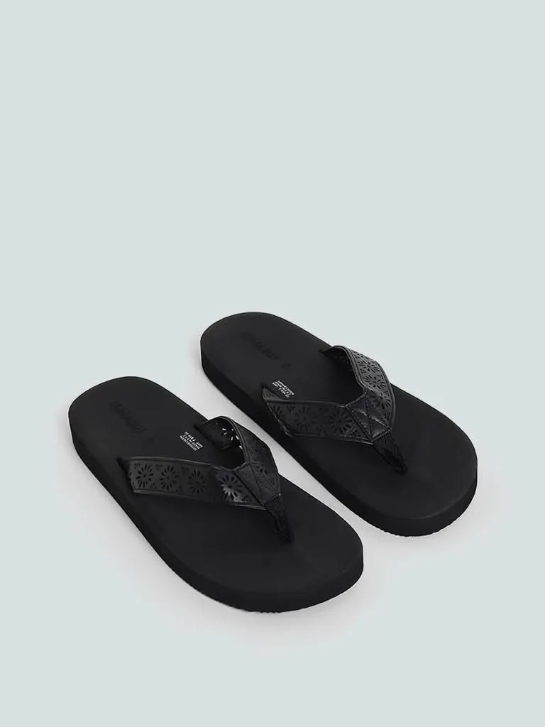 LUNA BLU Laser Cut Black Soft Footbed Flip Flop