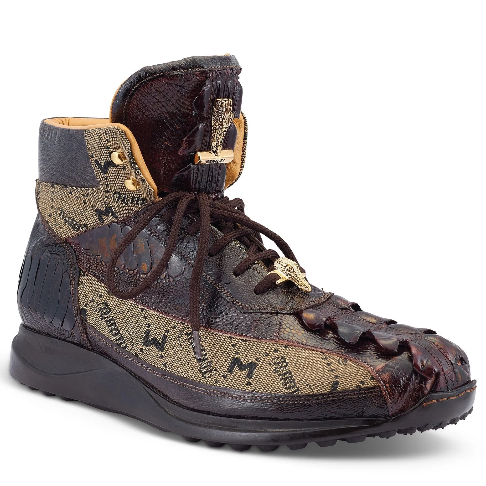 Mauri Chronic 8484 Men's Shoes Sport Rust & Taupe Exotic Ostrich Leg / Hornback Tail / Fabric High-Top Sneakers (MA5488)