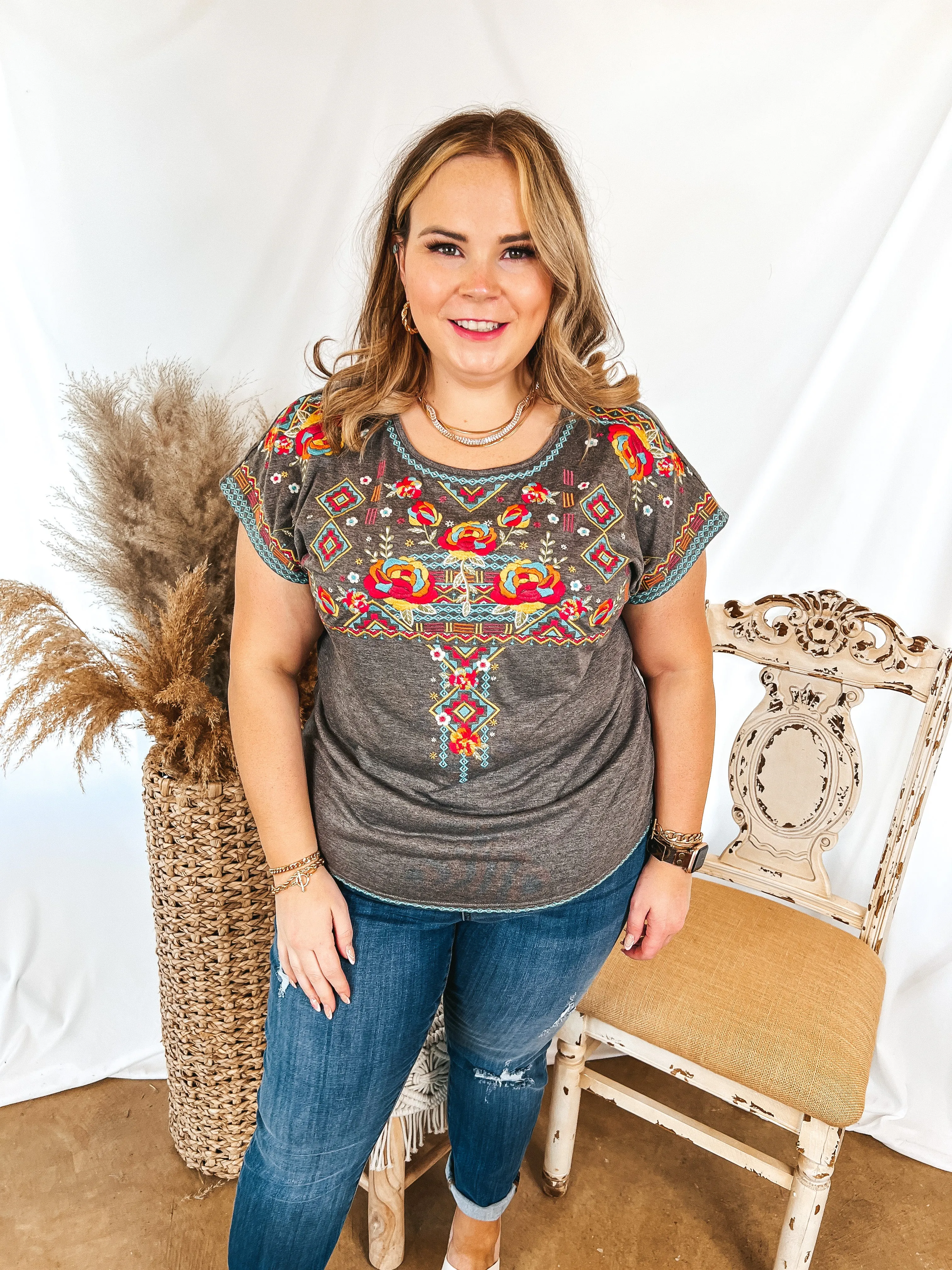 Maya Riviera Floral and Aztec Embroidered Short Sleeve Top in Charcoal Grey