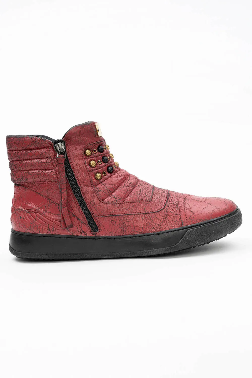 MENS BIKER SHOES IN CRACKLED RED WITH CRYSTALS