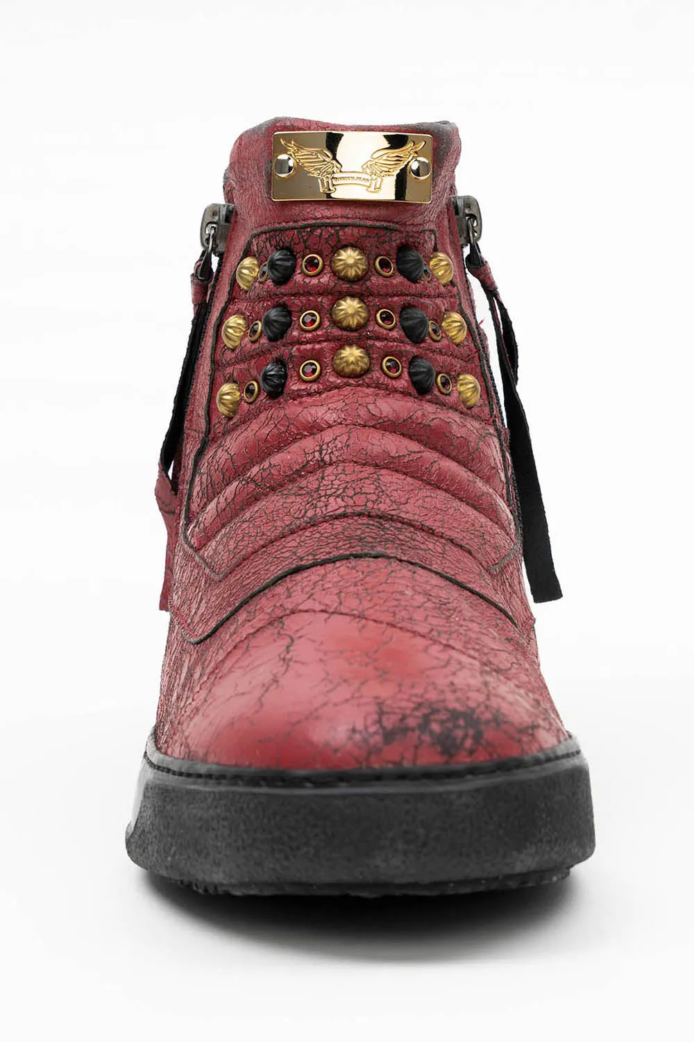 MENS BIKER SHOES IN CRACKLED RED WITH CRYSTALS