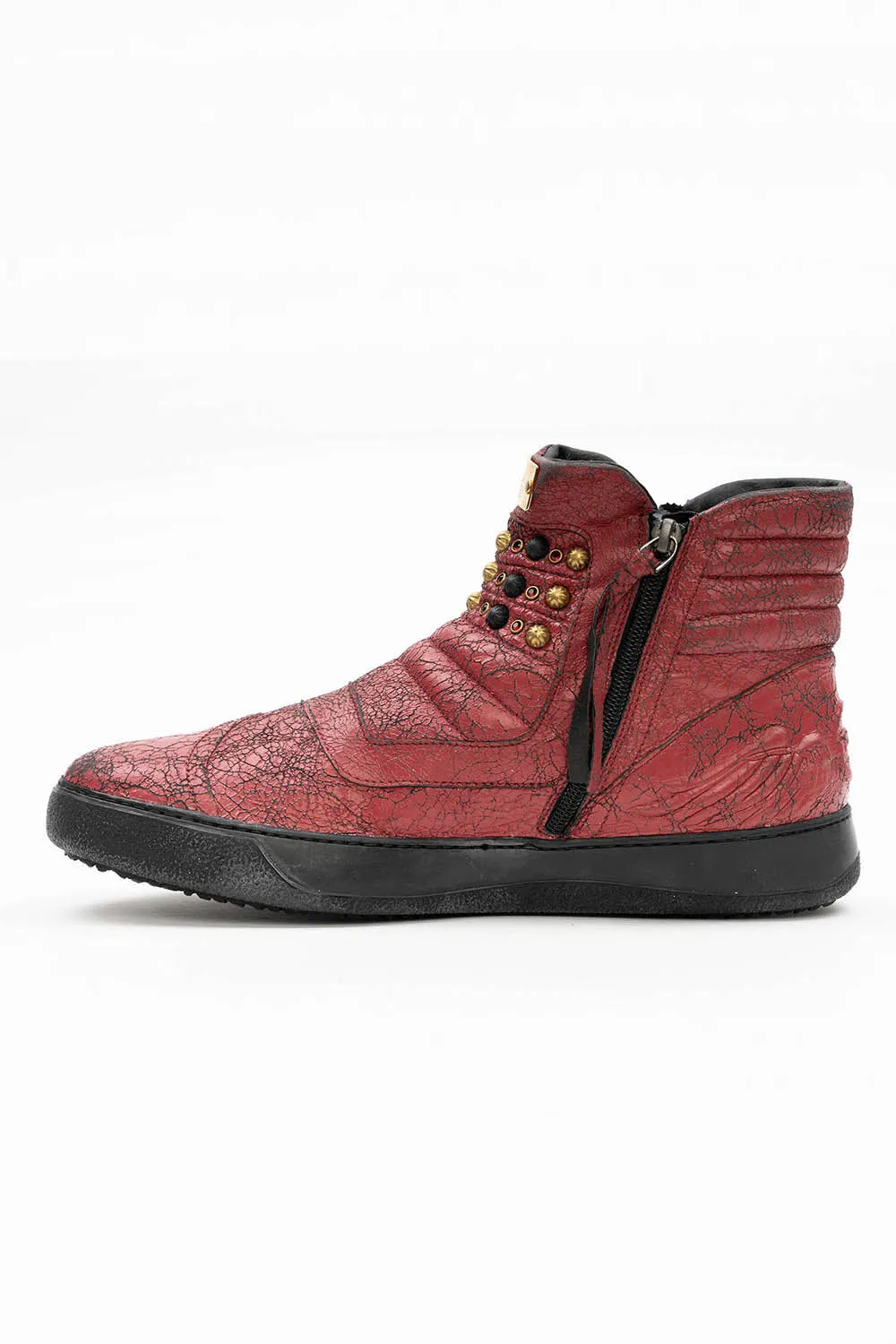 MENS BIKER SHOES IN CRACKLED RED WITH CRYSTALS