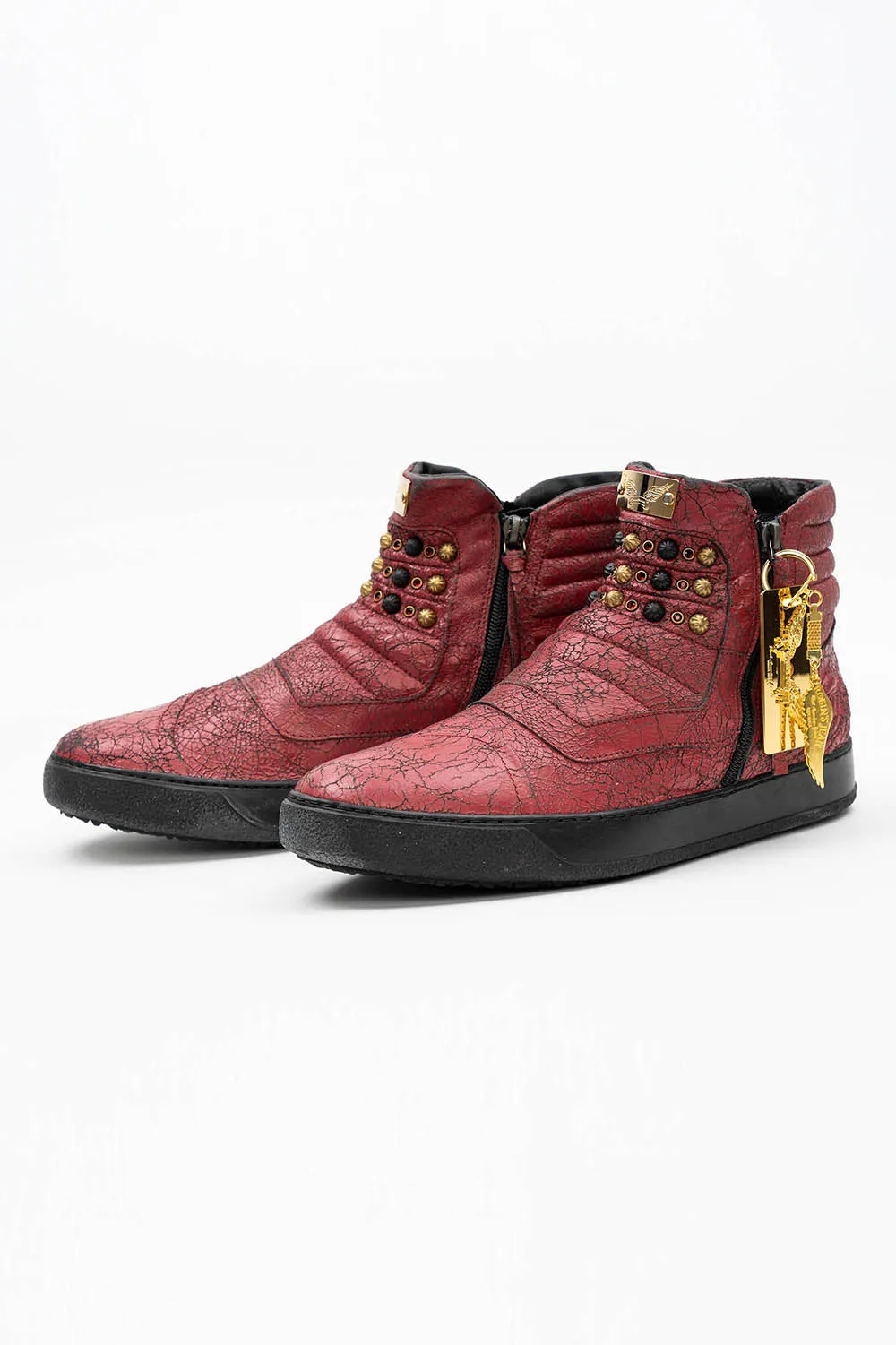 MENS BIKER SHOES IN CRACKLED RED WITH CRYSTALS