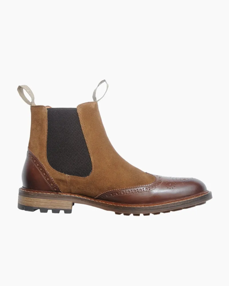 Men's Two Tone Brogue Boot | Brown Leather and Suede Combo