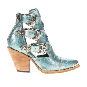 Metallic Strappy Studded Pointed Toe Cowboy Booties