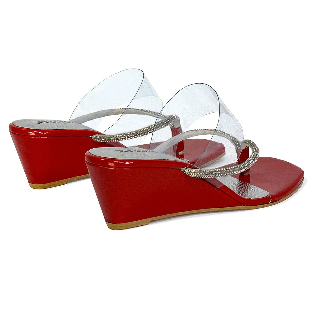 Mirabel Square Toe Post Perspex Wedge Heel Diamante Sandals in Silver