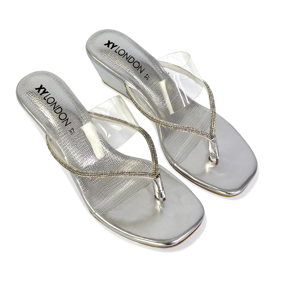 Mirabel Square Toe Post Perspex Wedge Heel Diamante Sandals in Silver