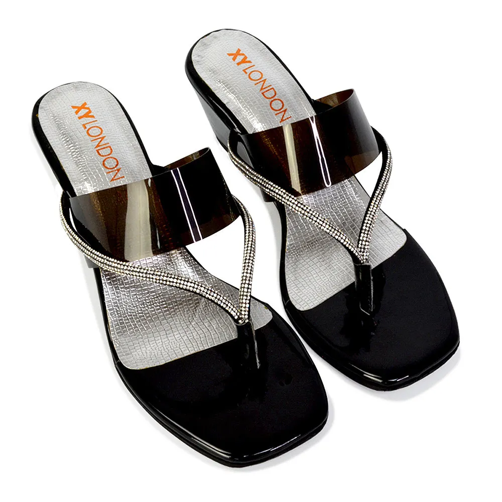 Mirabel Square Toe Post Perspex Wedge Heel Diamante Sandals in Silver