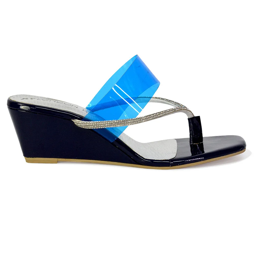 Mirabel Square Toe Post Perspex Wedge Heel Diamante Sandals in Silver