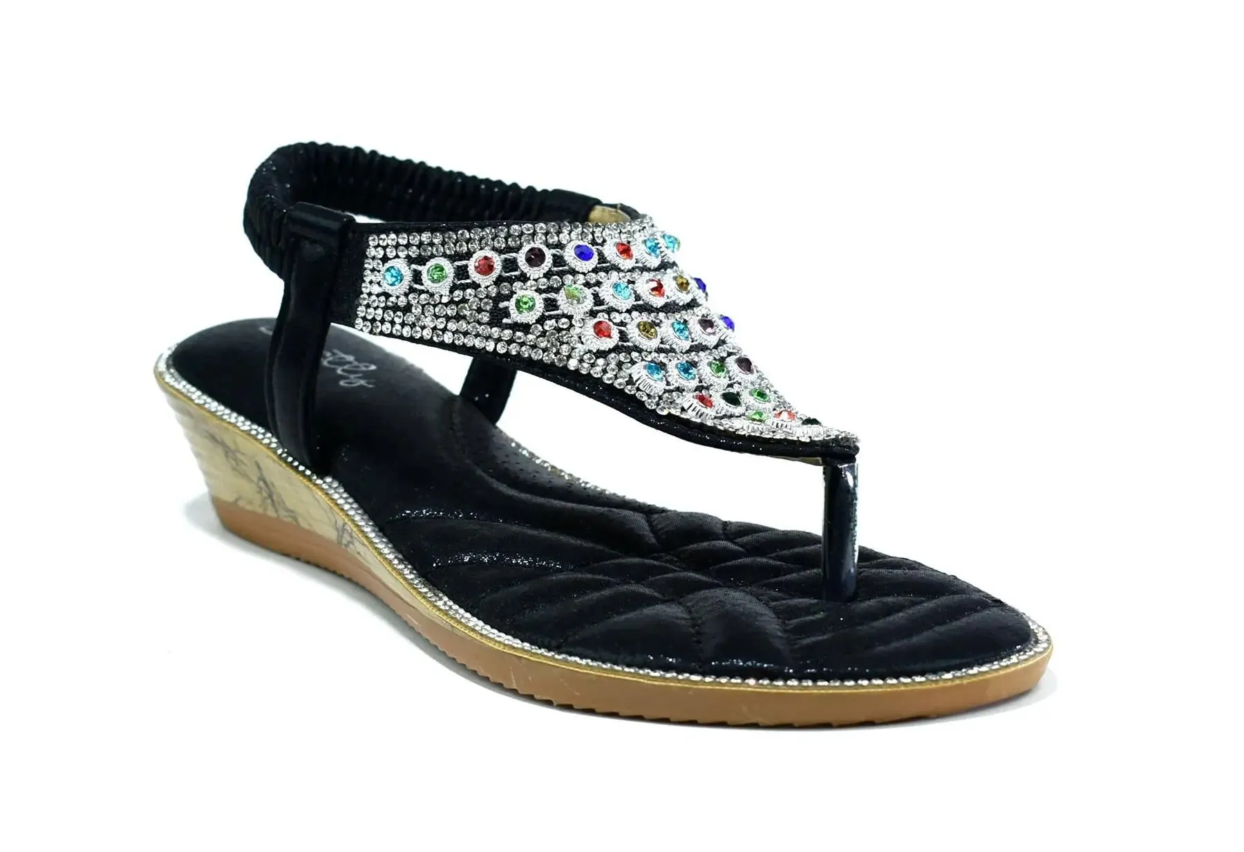 Multicolored Gemstone-Studded Black Slingback Heels