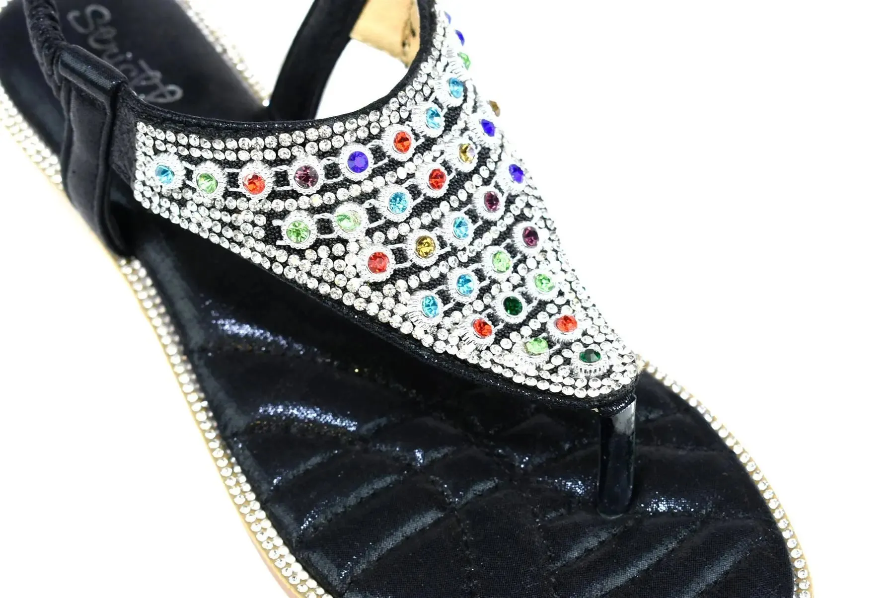 Multicolored Gemstone-Studded Black Slingback Heels