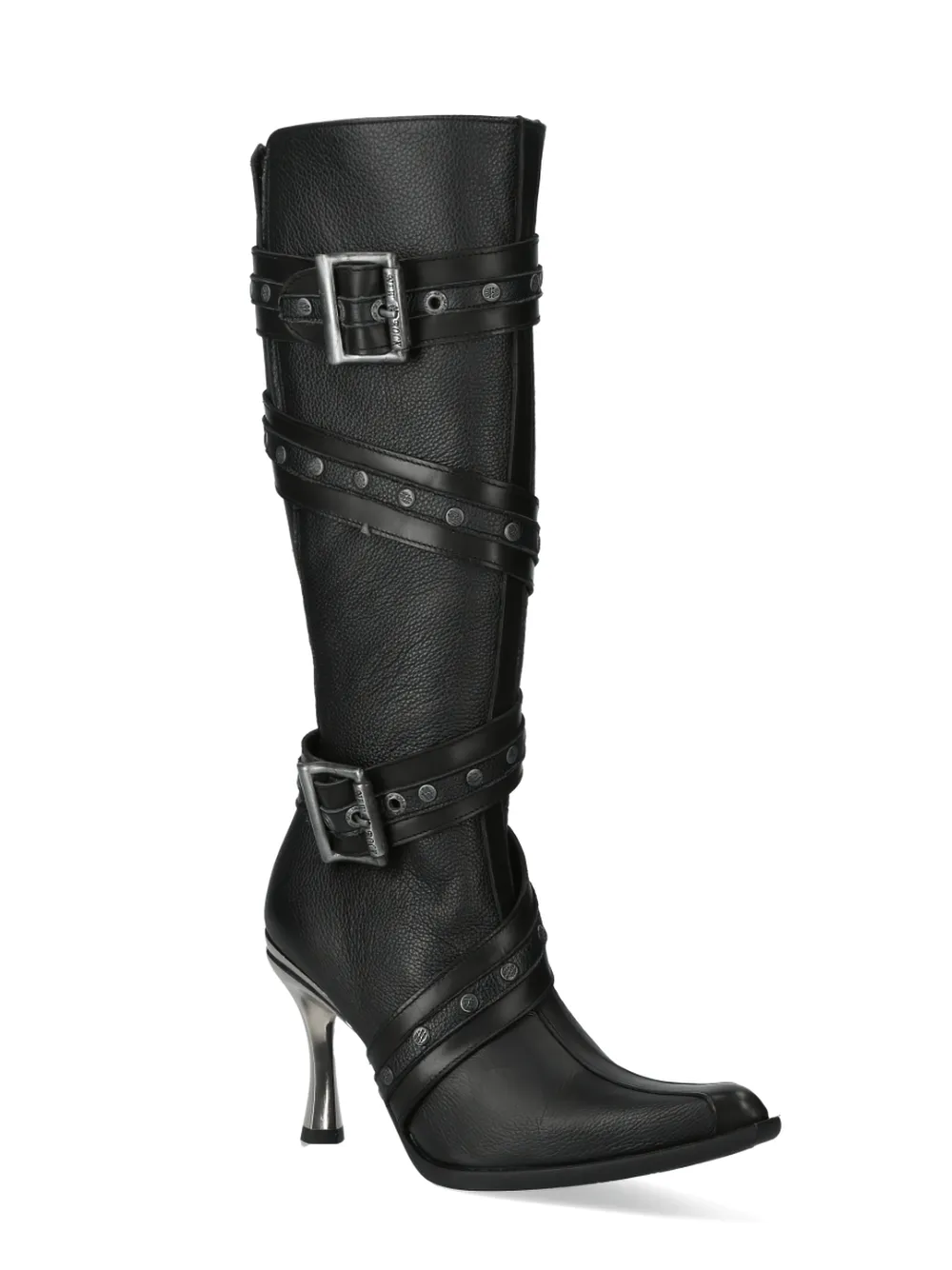 NEW ROCK Strap-Detailed Black Leather High Heel Boots