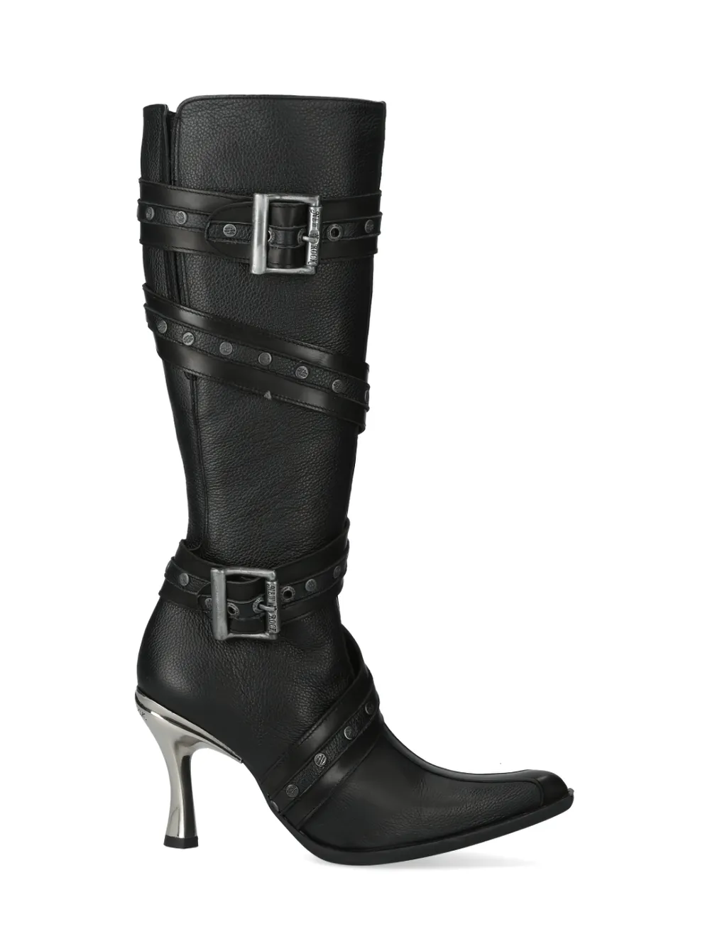 NEW ROCK Strap-Detailed Black Leather High Heel Boots