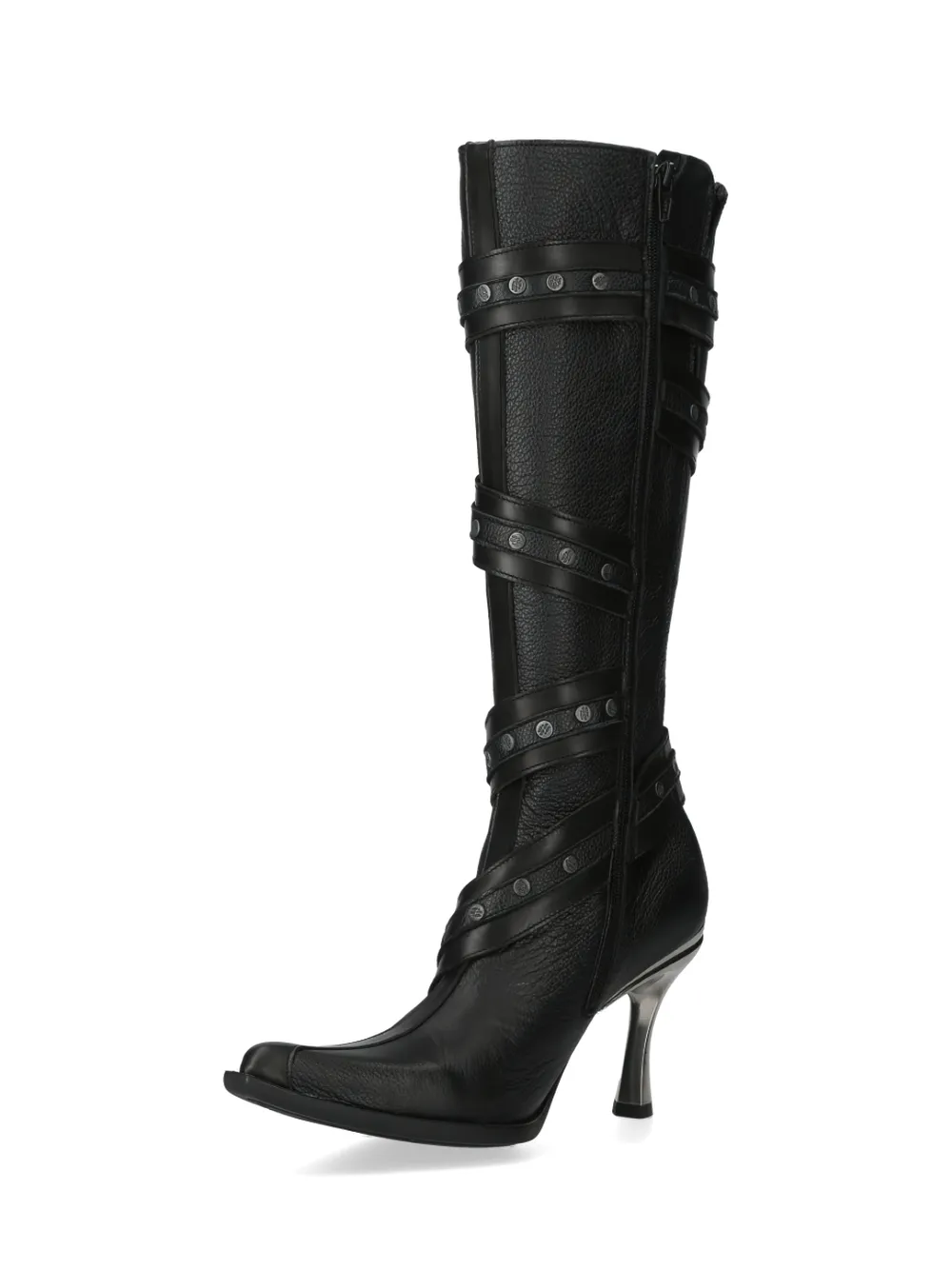 NEW ROCK Strap-Detailed Black Leather High Heel Boots