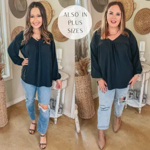 Office Feels Long Sleeve V Neck Babydoll Top in Black