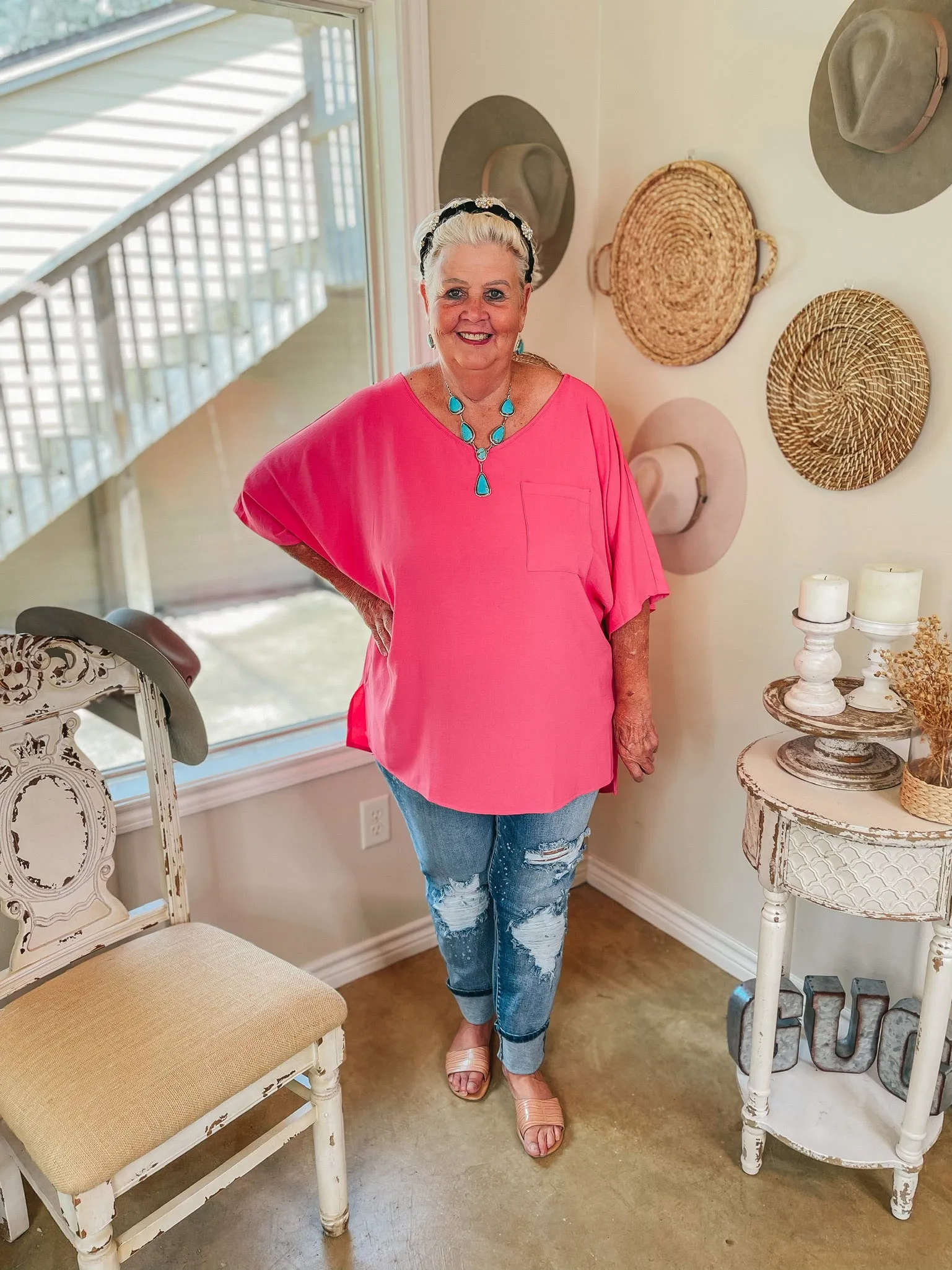 On Record V Neck Short Sleeve Shift Top with Front Pocket in Fuchsia