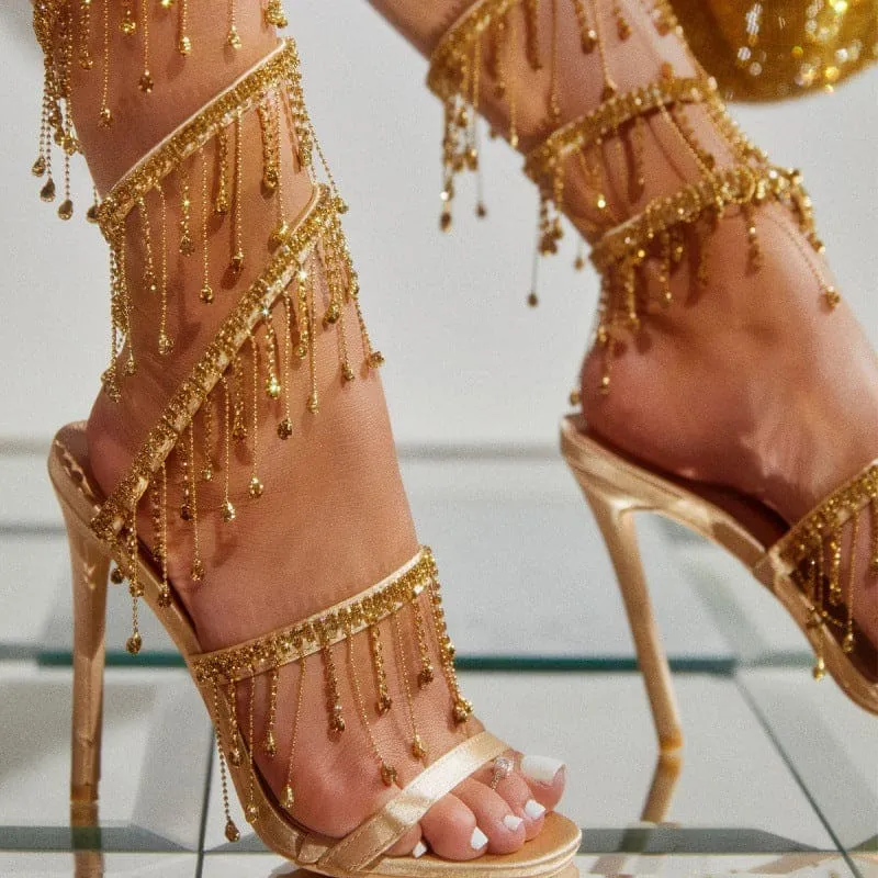 Ornate Roman Style Strappy High Heel Rhinestone Sandals