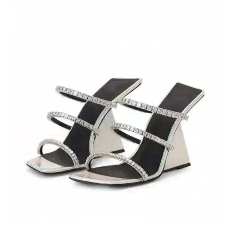 Patent Leather Square Block High  Wedge Slippers