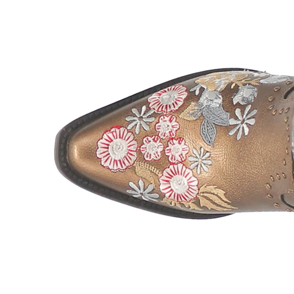 Poppy Floral Metallic Embroidery Studded Snip Toe Cowboy Boots