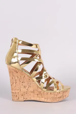 Qupid Shiny Metallic Strappy Caged Open Toe Cork Platform Wedge